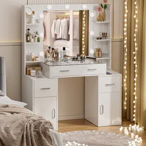 Makeup Vanity Desk with Mirror & LED Lights, Vanity Table with Charging Station, White Vanity Set Makeup Vanity Desk with Mirror & LED Lights, Vanity Table with Charging Station, White Vanity Set