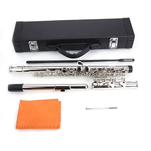 Nickel Plated C Key Closed Hole Flute 16 Key Professional Grade Silver Finish 71 cm Length with Case & Maintenance Kit for Concert Band