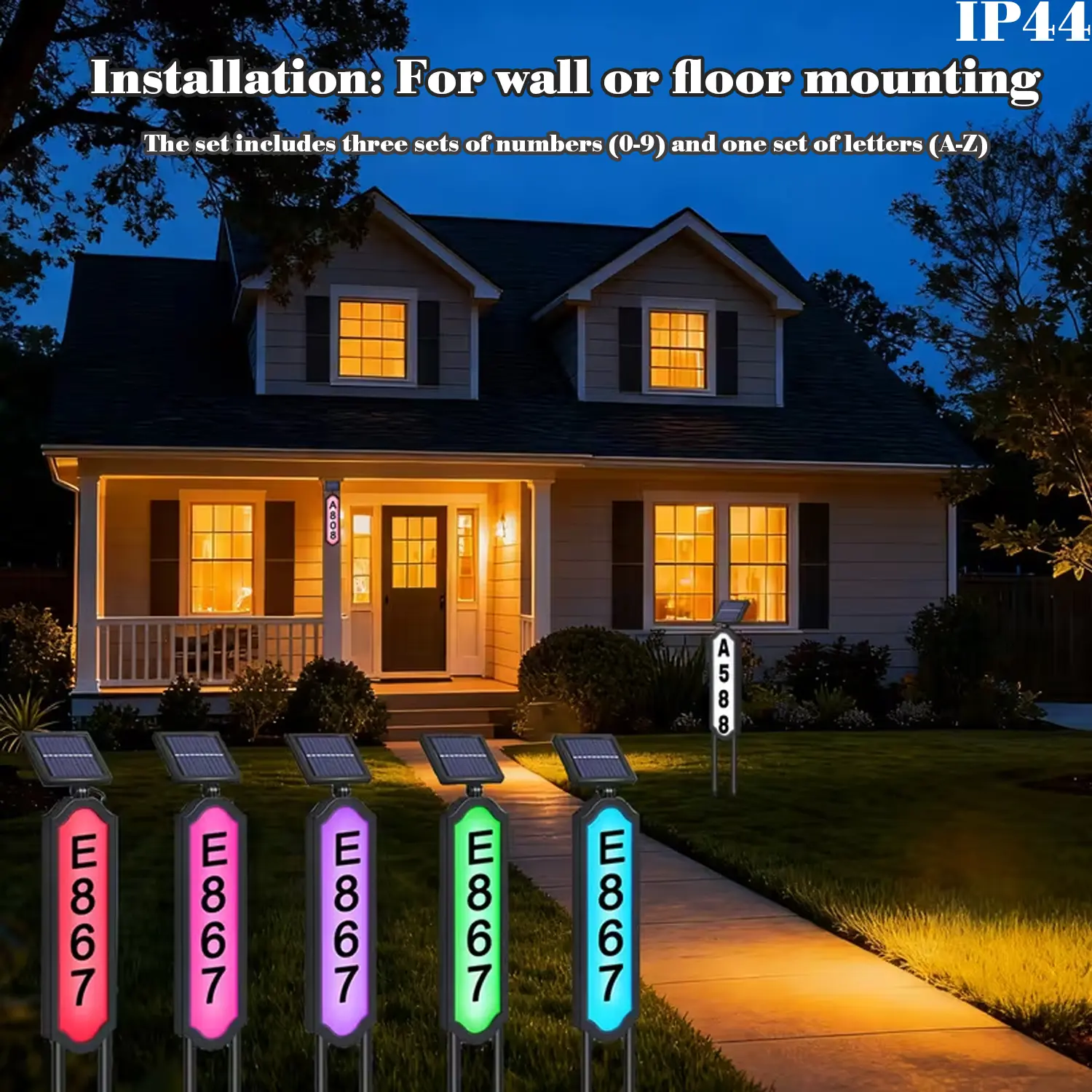 Solar Address Sign, Waterproof Outdoor House Number Plaque with 15-Color LED Illumination & Stake, Solar-Powered Light-Up Decor for Houses, 1-Pack