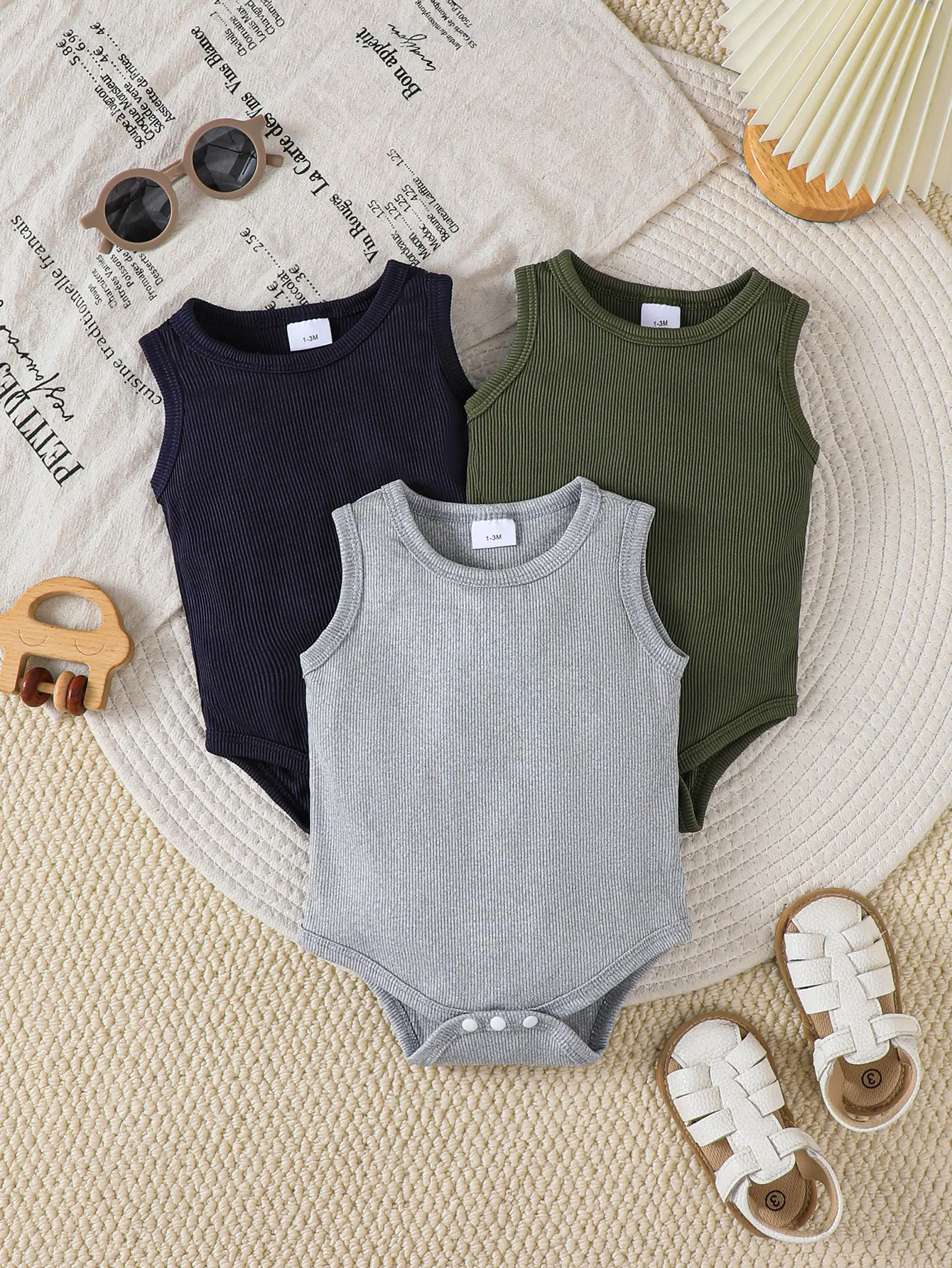 Baby Boy Sleevless Knitted Casual Comfy Bodysuit, 3-Pack, Sizes 1 - 18 Months,Ready Stock 42503053