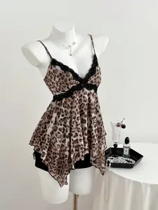 Summer New Mesh Cami Top, Fashion Y2K Style Asymmetric Hem Leopard Lace Trim, Casual Women's Backless Vest, Boho Slim Fit