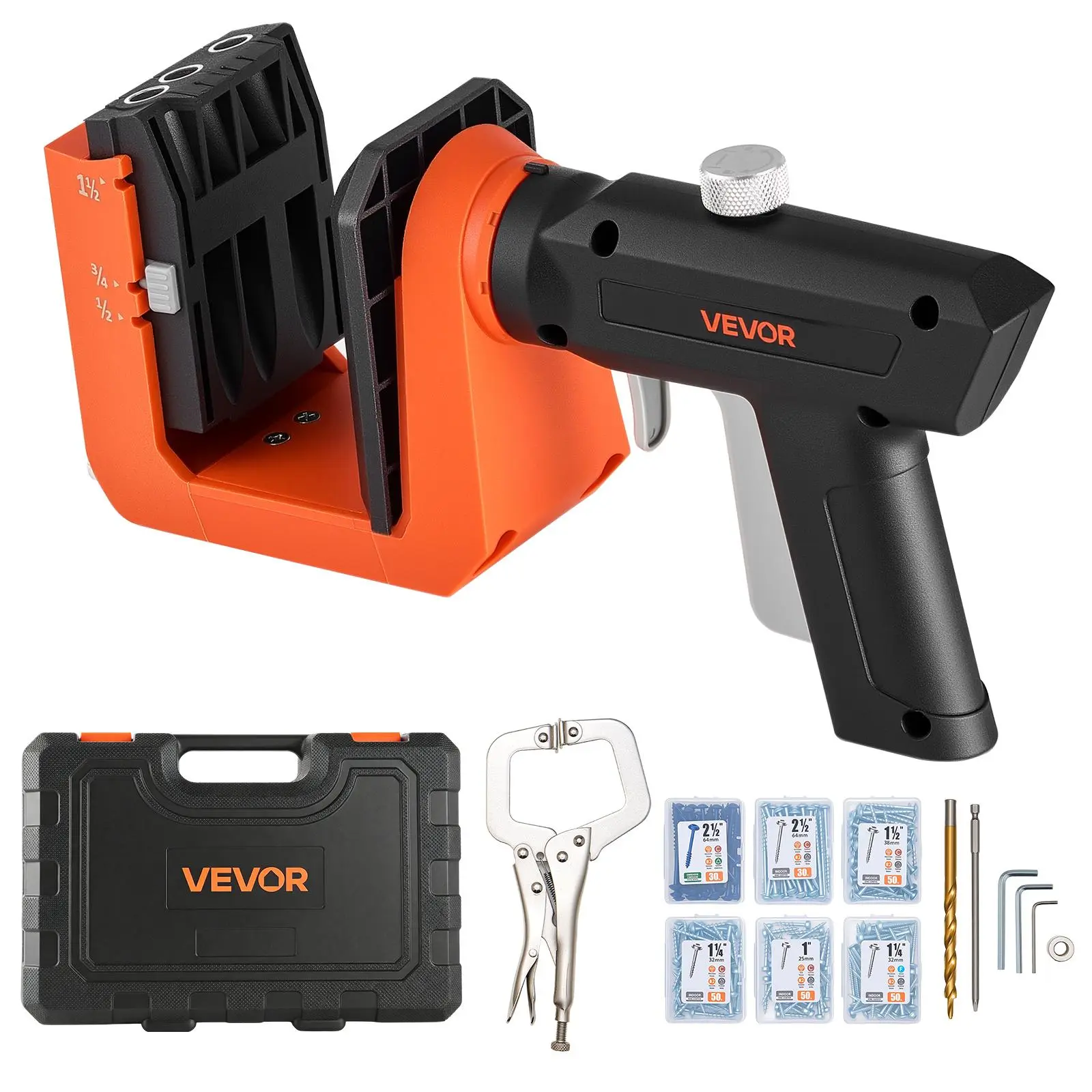 【Summerfinds】VEVOR Pocket Hole Jig Kit, 1/2"-3/4"-1-1/2" Adjustable, 360° Rotating Handle System with 260 Screws, C-Clamp, Stop Collar, Drill Bit for Clean & Smooth Pocket Holes in Woodworking, Clean And Smooth Pocket Holes
