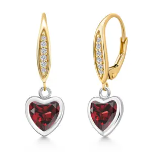 Gem Stone King 925 Silver and 10K Yellow Gold Red Garnet and Lab Grown Diamond Dangle Earrings for Women | 2.11 Cttw | Gemstone January Birthstone | Heart Shape 6MM