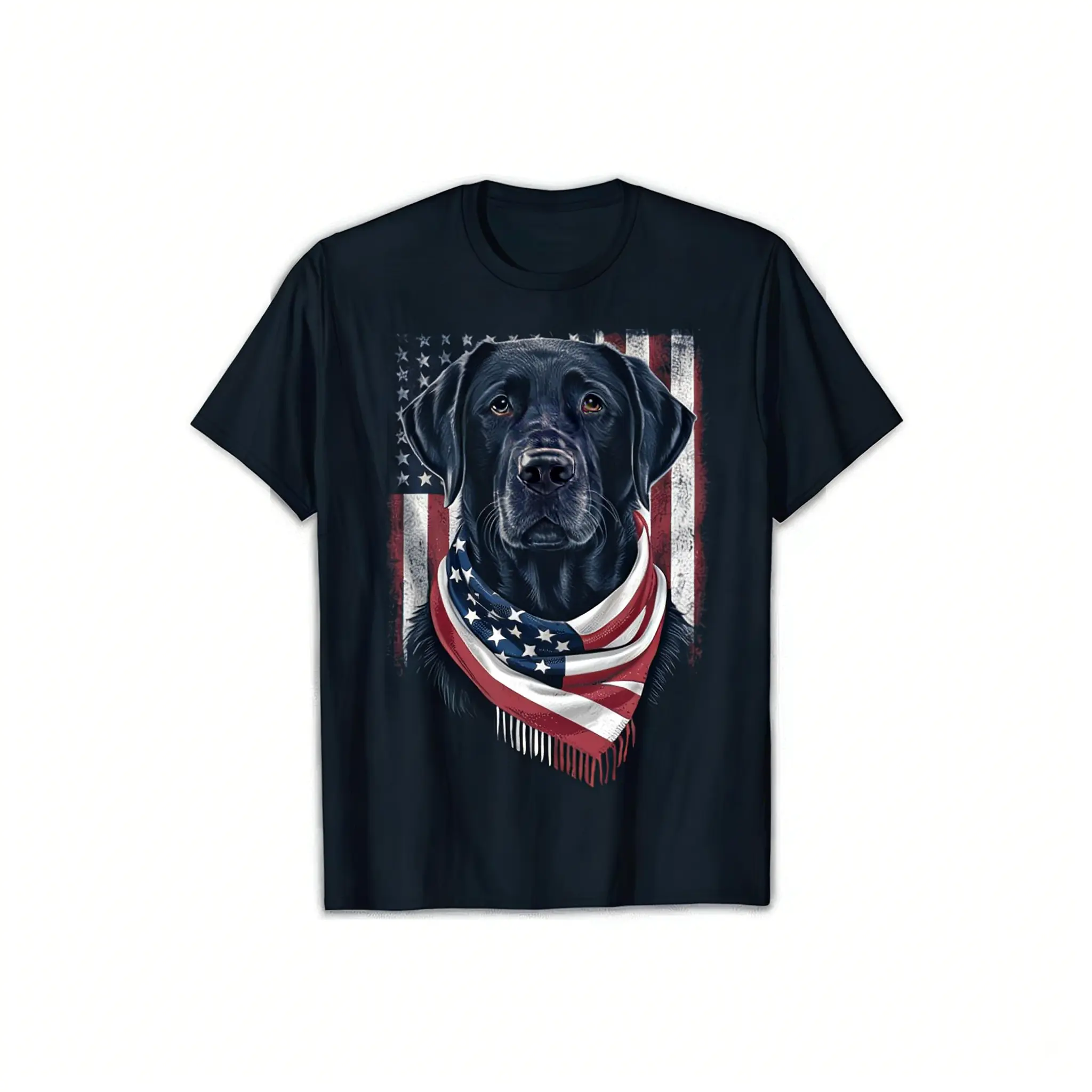 Black Labrador Retriever 4th of July T-Shirt for Men & Women – Heavyweight 220gsm cotton, retro American flag design, featuring a lovable Labrador puppy and USA flag print. Perfect for dog lovers and patriotic style