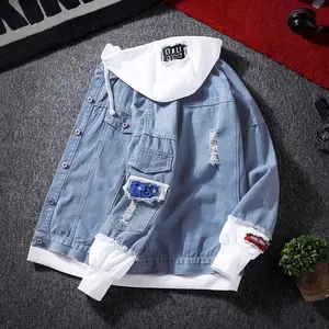 ELI Men's Patchwork Denim Jacket Korean Style Distressed Baseball Coat Casual Streetwear