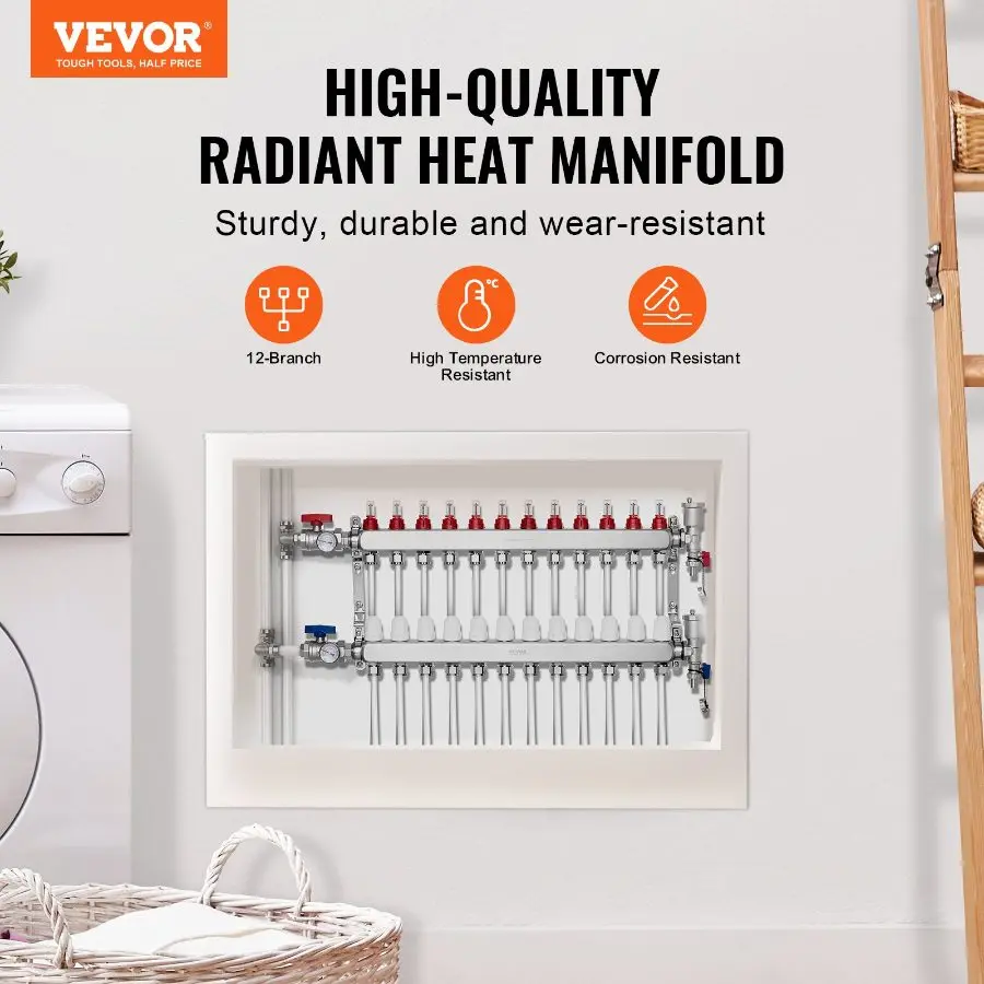 Summervibes VEVOR 12-Branch Radiant Heat Manifold, 1/2 PEX Tubing ...