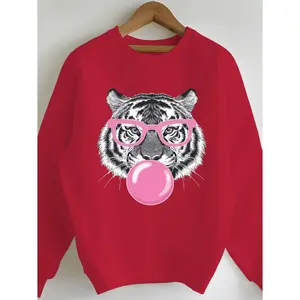 100% Cotton Women's Comfortable Green Tiger Bubble Gum Pattern Sweatshirt - Casual Round Neck, Long Sleeve, Machine Washable - Perfect Choice for Autumn/Winter