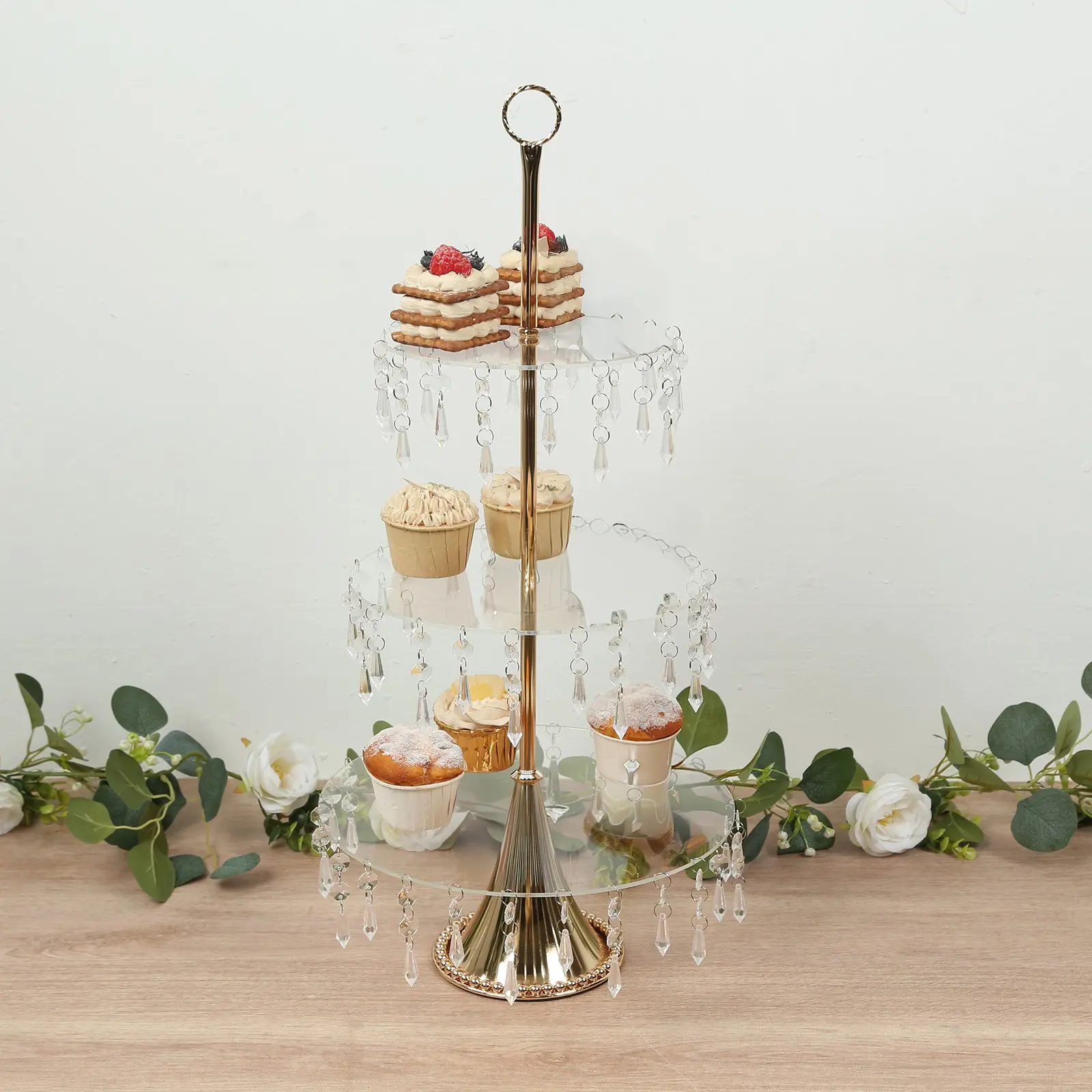 Elegant 3-Tier Gold Rhinestone Cupcake Stand - 2ft Tall Acrylic-Metal Decor, Dessert Display Tower for Cupcakes,Fruits, Wedding,Birthday Farmhouse Wedding Party Events Cake Decorations