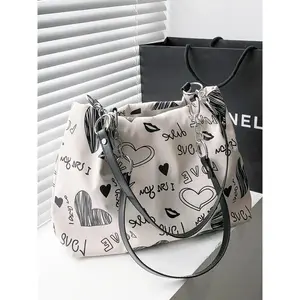 Fashion Heart & Letter Print Tote Bag, Large Capacity Shoulder Bag for Women, Casual Trendy Versatile High-quality Daily Commuting Bag, Girl Fashionable Bag