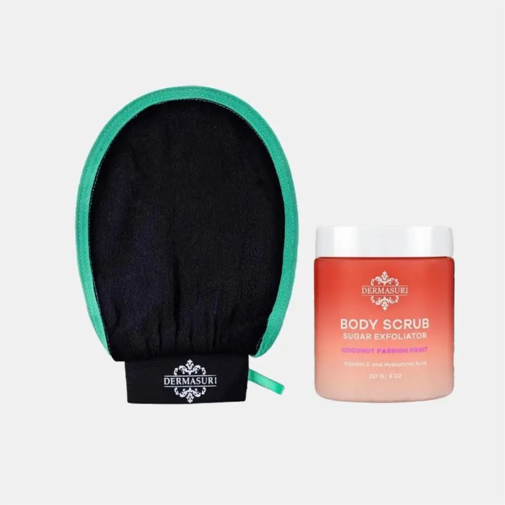 Dermasuri Body Scrub Glove & Sugar Exfoliator Hydrating Gentle Coconut Passion Fruit Nourishing Skin Repair Moisturizer Exfoliating Body Polish Exfoliating Body Scrubber