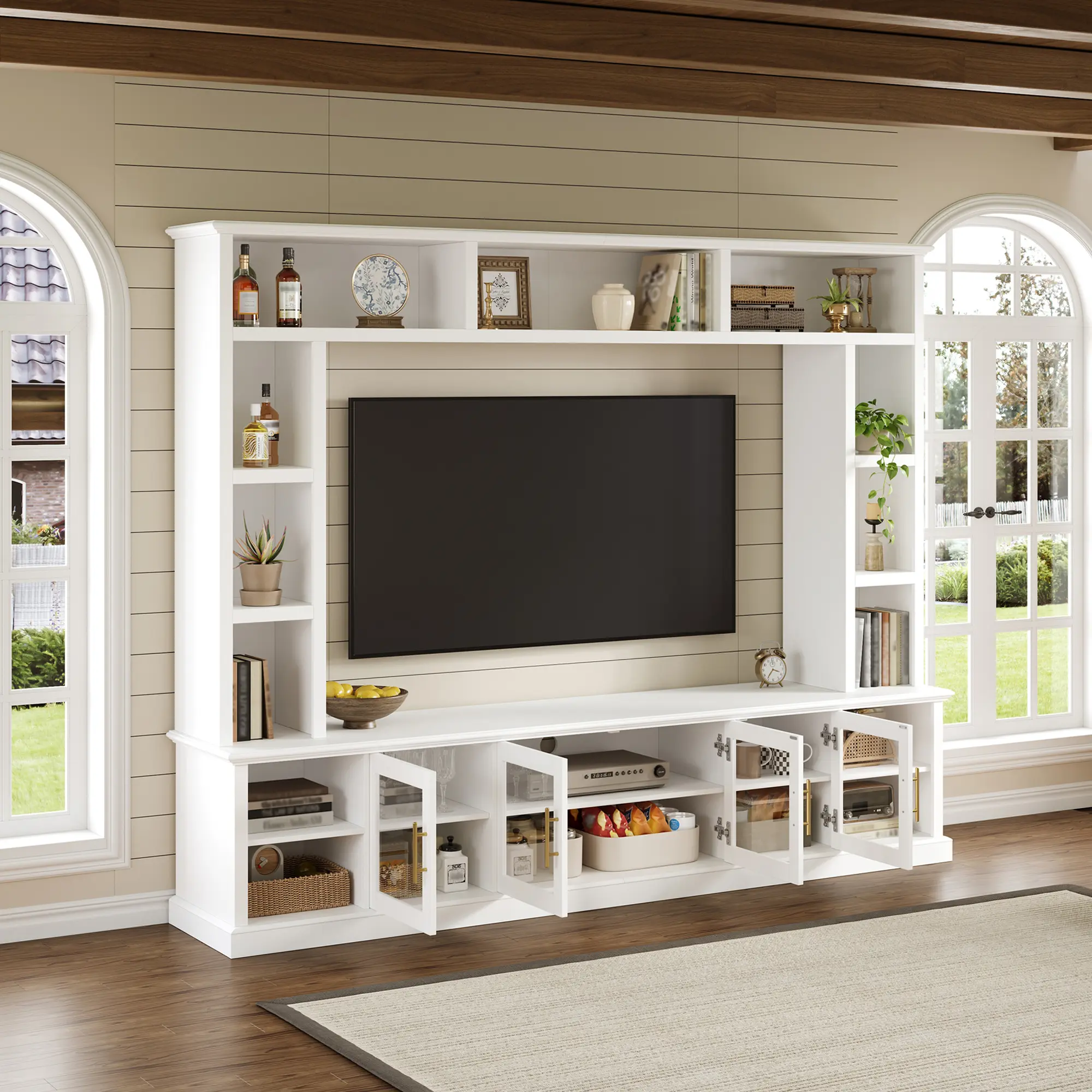 White MDF Entertainment Center Wall Unit for TVs up to 80 Inch, All-in-One Modern TV Stand with Bookshelves, Tempered Glass Doors, Adjustable Shelves, Wine Rack, and Storage Cabinet for Living Room, Bedroom, Den, White Color Options