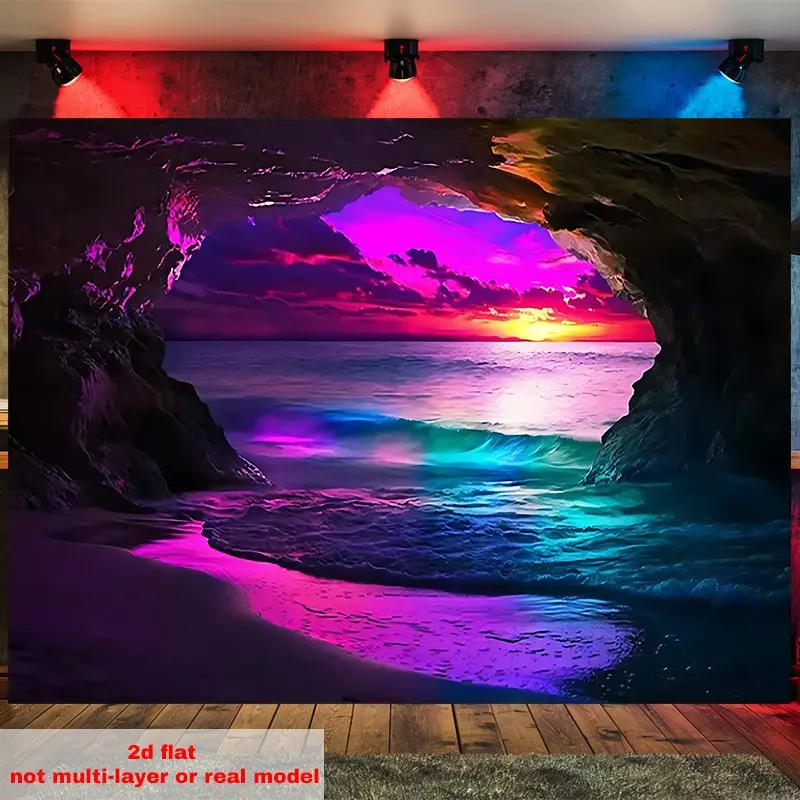 Retro Fluorescent Coastal Cave Sunset Print Tapestry Wall Hanging - Tapestry Wall Mural, Animal-Accented Home Decoration, Bachelorette Party Gift, Home Inspo for Living Room Bedroom