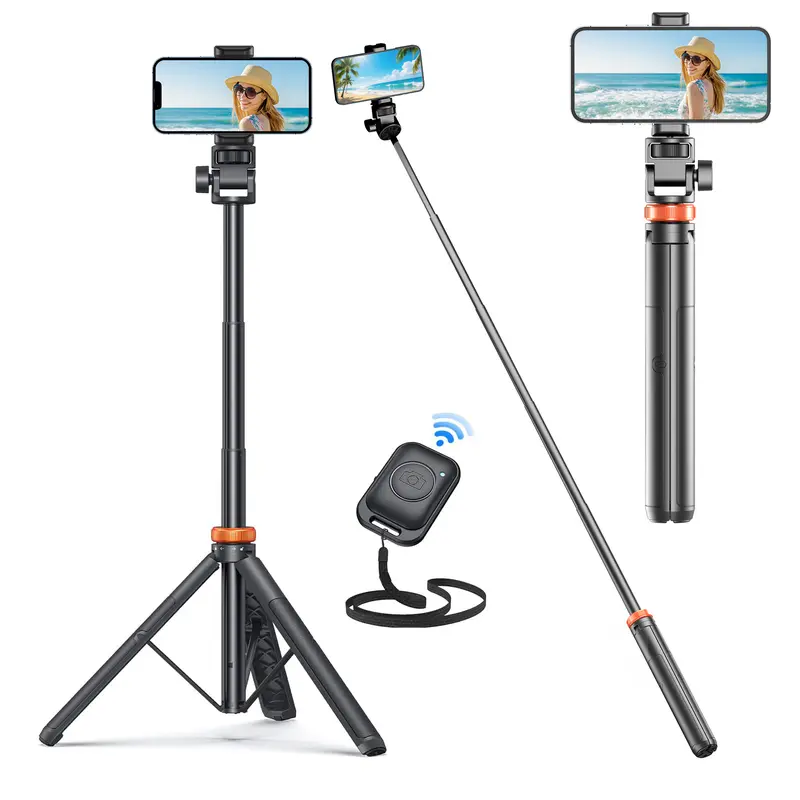 61-Inch Professional Selfie Stick Tripod with Remote Control, Enhanced Stabilized Stand, Lightweight Portable Adjustable Telescoping Camera Support for iPhone Android Mobile Devices, Travel Gadgets for Content Recording, Phone Accessories