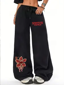 Women's Stranger Things Demogorgon Cartoon Loose Fit Wide Leg Pants, Bottom Casual All Season Long Trousers, Comfortable Daily Wear
