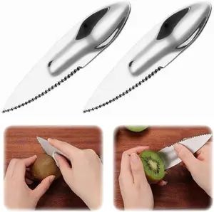 2 Pack Kiwi Spoon Knife - 2-in-1 Stainless Steel Fruit Cutter - Mango Kiwi Slicer Peeler Scoop Fast Peel Fruit Or Soft Vegetable With Ease (Silver)