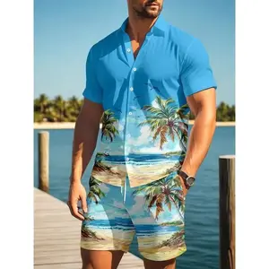 Hawaiian Shirt Sets Funny 3D Coconut Tree Print Pattern Shirt +Shorts 2-Piece Stylish Casual Sun Beach Holiday Shirt Outfit Suit