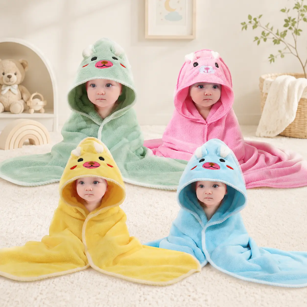 Kids' Cute Cartoon Hooded Bath Towel 2-Pack, Soft Coral Fleece Quick-Dry Bath Wrap for Newborns, Multiple Color Set Options
