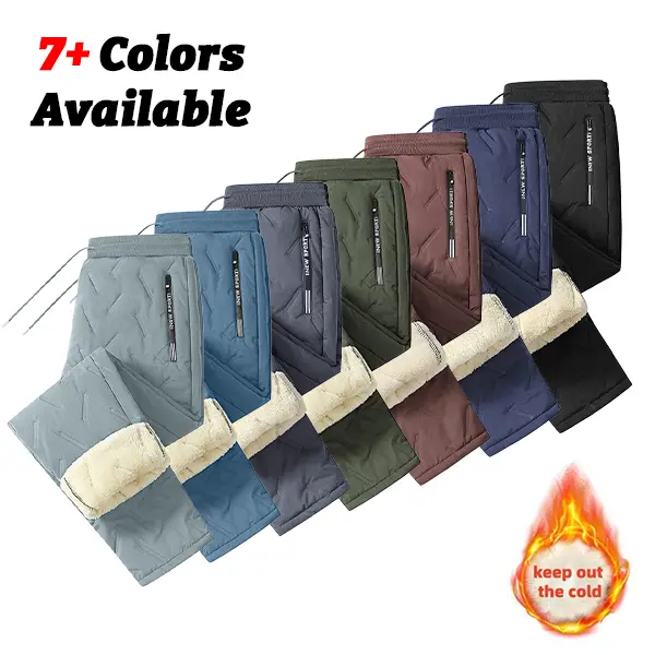 Men’s winter thick fleece cotton pants with diamond‑patterned topstitching, windproof and waterproof, elastic waistband with drawstring, straight‑leg, warm casual long pants for outdoor wear