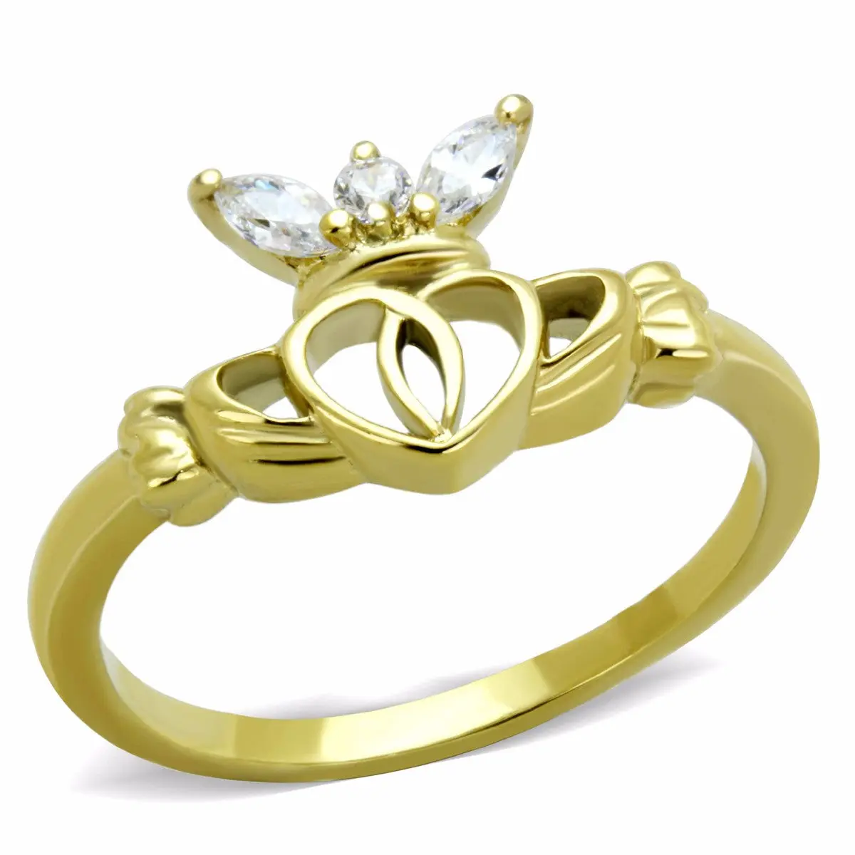 Lanyjewelry Women's Classic Elegant Claddagh Bridal Ring, Round & Marquise Cubic Zirconia Stones, Durable Tarnish-Resistant Gold IP Stainless Steel Claddagh Ring, Elegant Claddagh Design