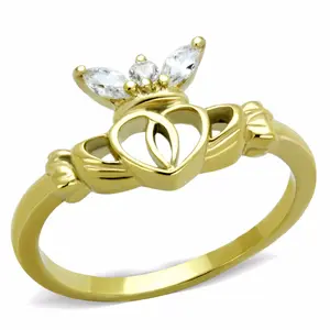 Women's Small Round and Marquise CZ Gold IP Stainless Steel Claddagh Ring