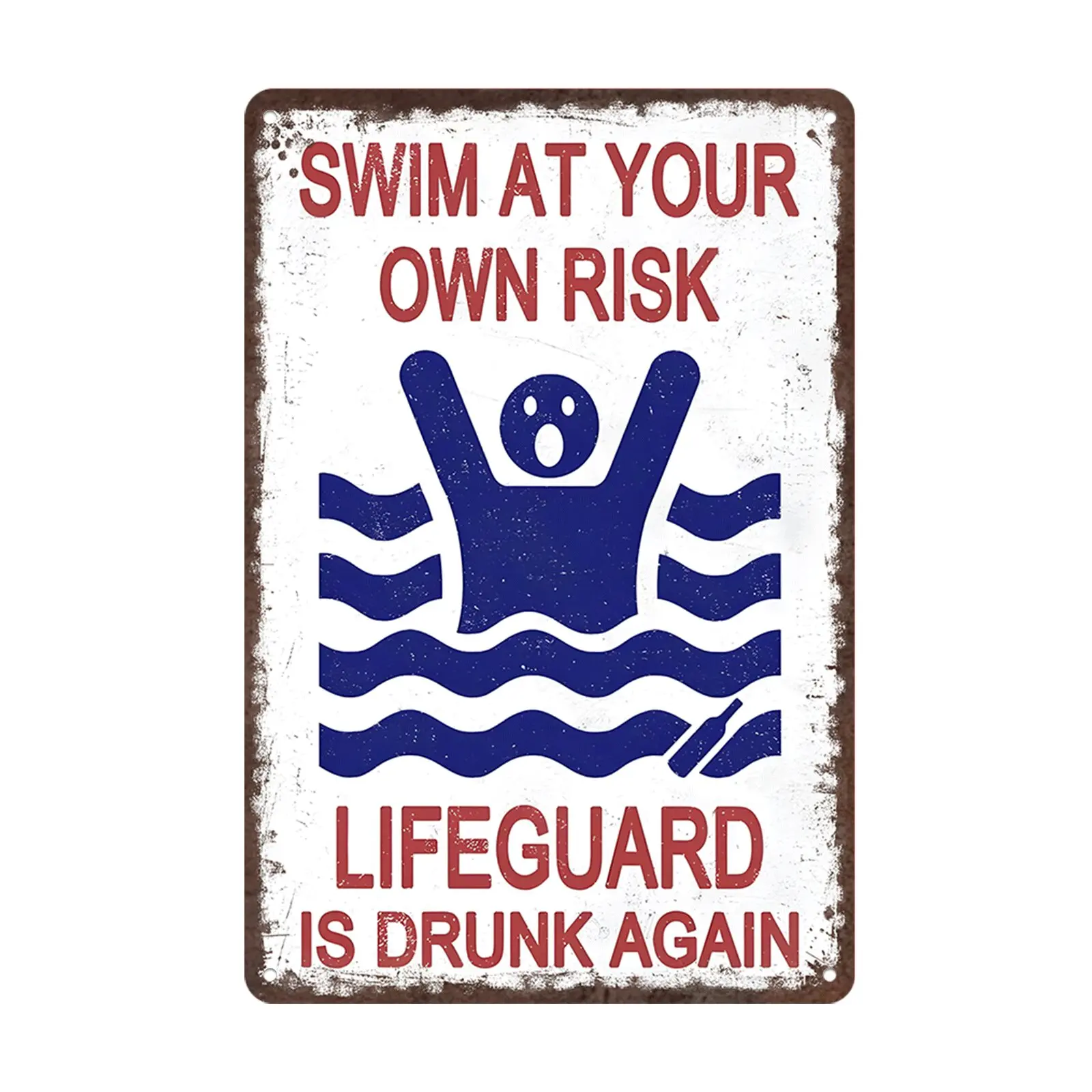 Vintage Funny "Swim At Your Own Risk" Rectangle Decorative Plaque Sign, 8x12in Aluminium Wall Metal Plaque, Above-Ground Pool Safety Products for Beach Swimmers, Outdoor Home Decor Supplies, Durable