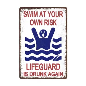Swim At Your Own Risk Pool Sign Vintage Funny Safety Plaque Signs for Swimming Pool Beach Water Park Decor Outdoor 8 x 12 inch Signage Rectangle Design