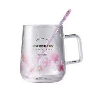 New Starbucks Pink Sakura Color-changing Glass Coffee Mug Cup with Flower Stick