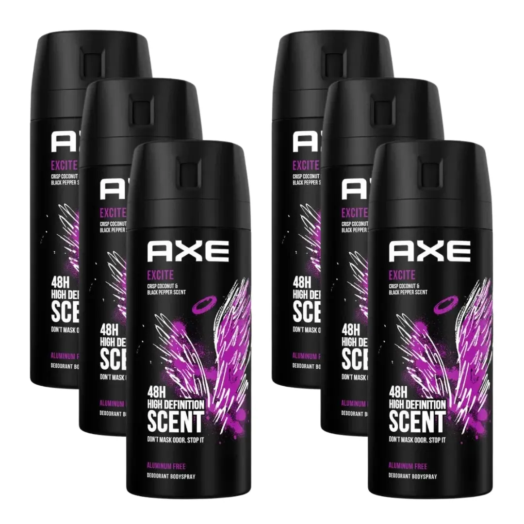 AXE Excite Scented Body Spray for Men, 150 ml Daily Body Care Fragrance Deodorant with Long-Lasting Aroma, Pack of 6