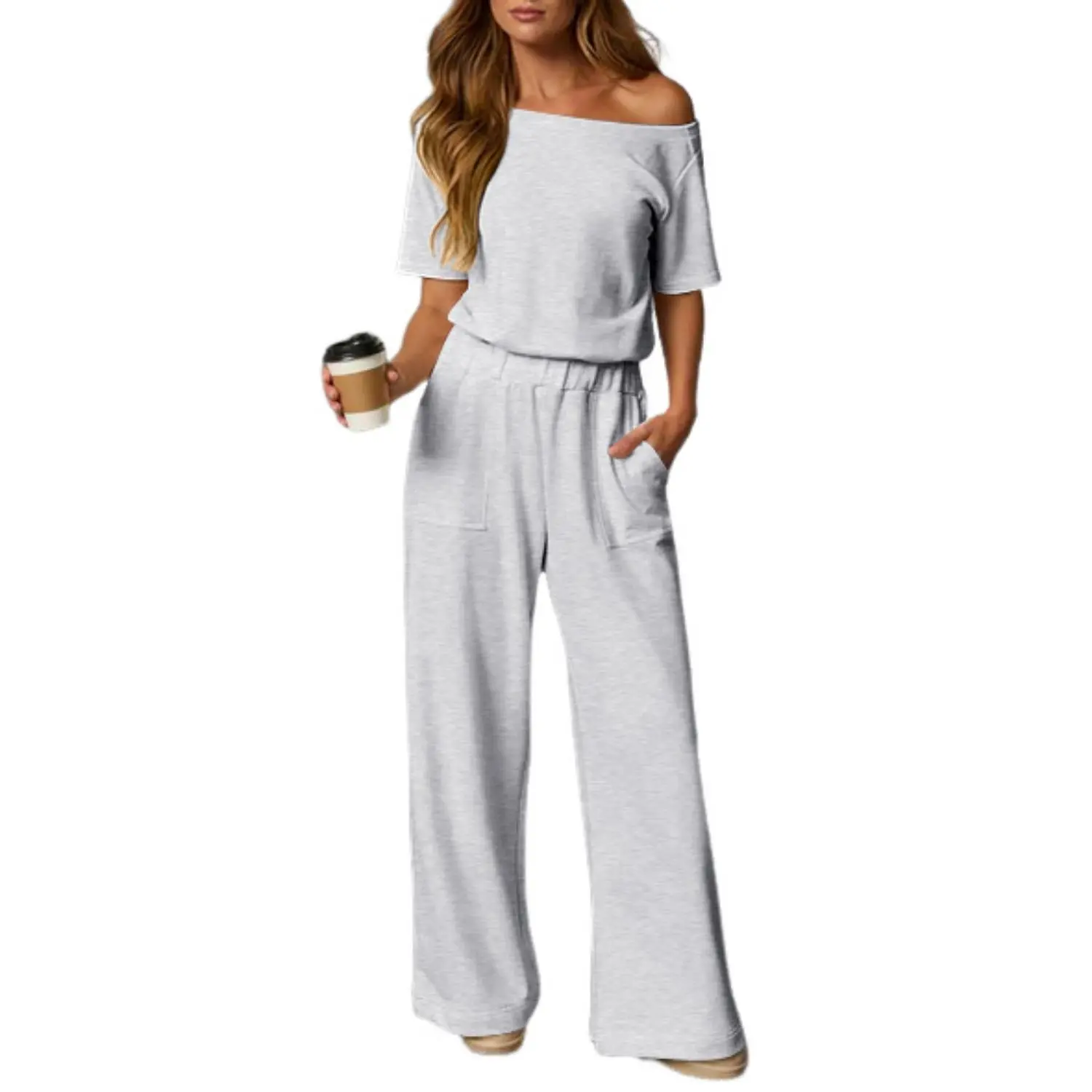 Fisoew Womens Heather Off-Shoulder Wide Leg Jumpsuit Short Sleeve Back Cutout Casual Loose Fit One-Piece Romper for Daily Wear & Loungewear Womenswear #SummerVibes