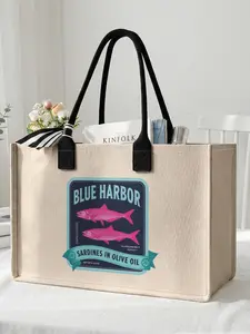 1 piece of sardine pattern + BLUE HARBOR slogan 2D printed large capacity storage bag, Casual Tote Bag, extra large storage bag, sturdy handle, space-saving multi-purpose, suitable for use at school, business trips, shopping