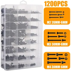 1200Pcs M2 M3 M4 Hex Socket Head Cap Screws Bolts Nuts Assortment Kit Black Alloy Steel Fastener Hardware for PC Building 3D Printer Tech Repair DIY Furniture Computer Case Motherboard