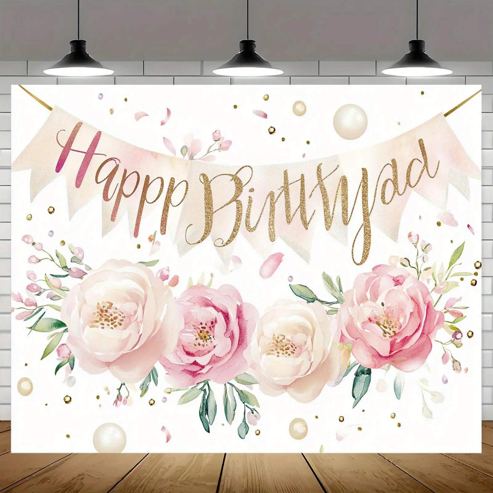 1pc Modern Feminine Adult Pastel Happy Birthday Backdrop Banner - Stain-Resistant Elegant Floral Design with Pink-White Roses, Golden Glittery Text, All-Seasons Party Decor, Artist-Themed Indoor Photography Prop