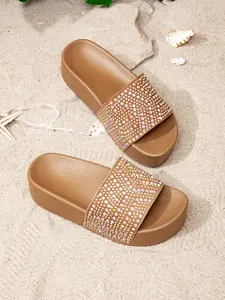 Rhinestone Platform Slides for Women Summer Sparkly Slip On Sandals - Girl Walking Shoes
