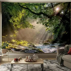 Forest Sunrise Pattern Tapestry, Tapestry Wall Mural, Natural Landscape Decoration, Large Trees Scenery Wall Hanging Blanket, Home Decor for Bedroom Living Room