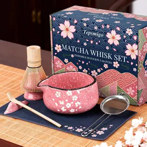 7 PCS Ceramic Matcha Whisk Set with Bowl Bamboo Whisk Holder Towel Sifter Bamboo Scoop Scoop Rest, Christmas Birthday New Year Gifts for Tea Lovers Women Mom