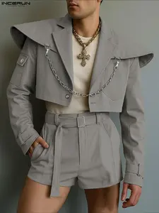 Men's Fashion Simple Solid Color Set Suits, Short Chain Long Sleeve Jacket + Shorts Two-Piece, Spring & Fall Daily Wear