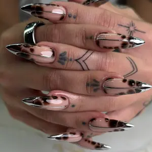 Emily Nails | Chrome Leopard Press On Nails  Silver Metallic Nude Long Almond Fake Nails Reusable