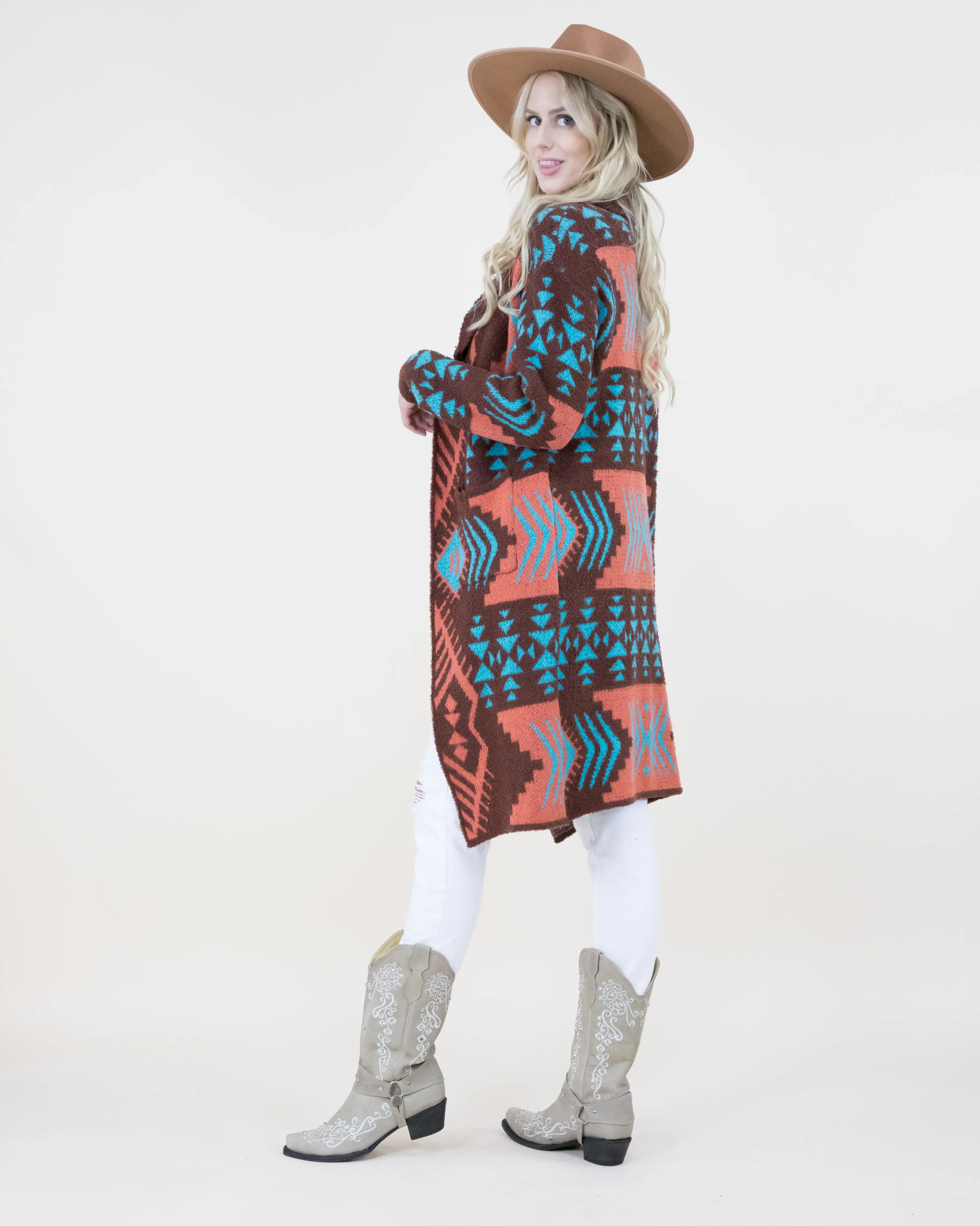 Women's Tribal Southwestern Geometric Knit Duster Cardigan - Longline, Open Front, Pockets - Beige, Black, Rust, Turquoise - Casual Western Boho Chic Clothes & Style