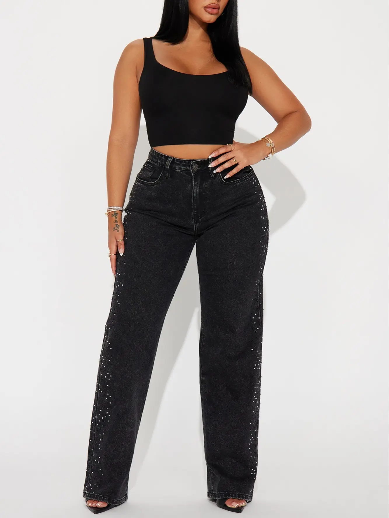 Women's Always Shining Embellished Straight Leg Jeans -  Black Wash | Rhinestone Stretch Denim Pants