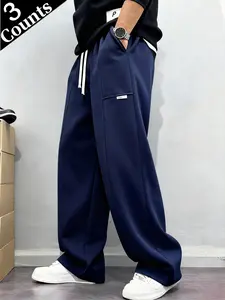 Men’s Minimalist Plain Straight High-Waisted Drawstring Loose Wide-Leg Trousers - Wrinkle-Resistant Elastic Breathable Menswear with Pocket, Exposed Seams, Side Decorations, Elegant American Style, Regular Length, for Everyday Wear, Commuting