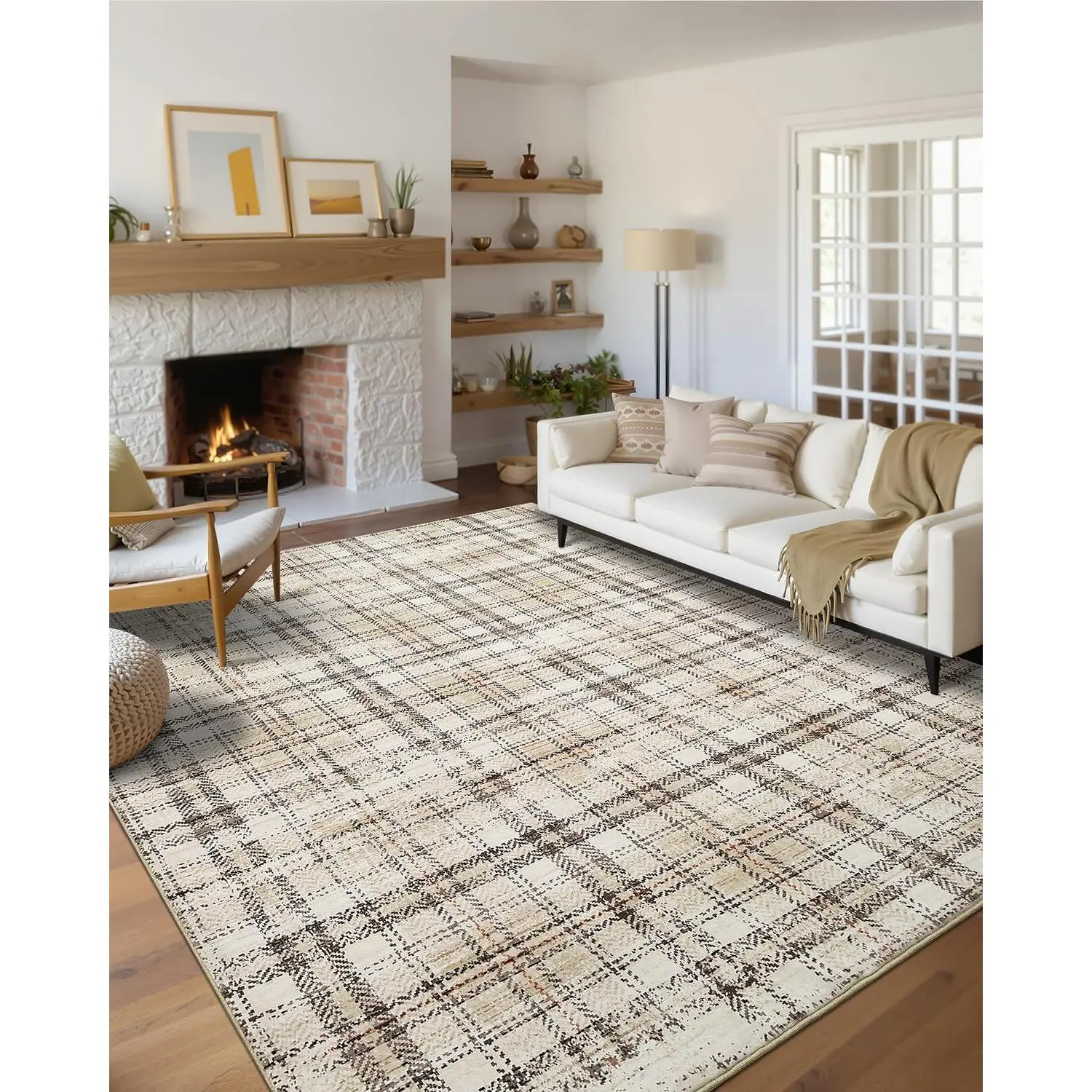 GARVEE Modern Washable 8x10 Area Rug - Soft, Non-Slip, Stain Resistant, Farmhouse Tartan Plaid for Living Room, Bedroom, Nursery, Office - Beige