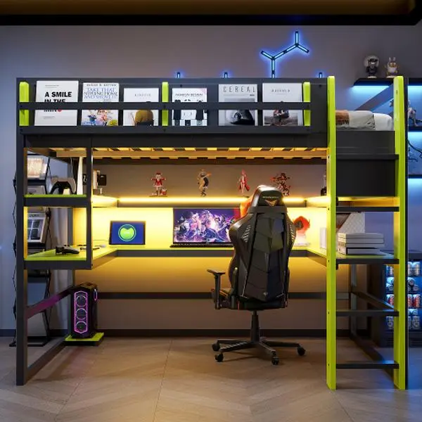 Bellemave Glam MDF-LVL Wood Modern Storage Platform Bedframe - Twin/Full Sizes Loft Bed with Desk, Side Rack, Multi-Shelves, Color Changing RGB Lighting, USB Port, Hidden Storage, Space-Saving Adult Apartment Furniture