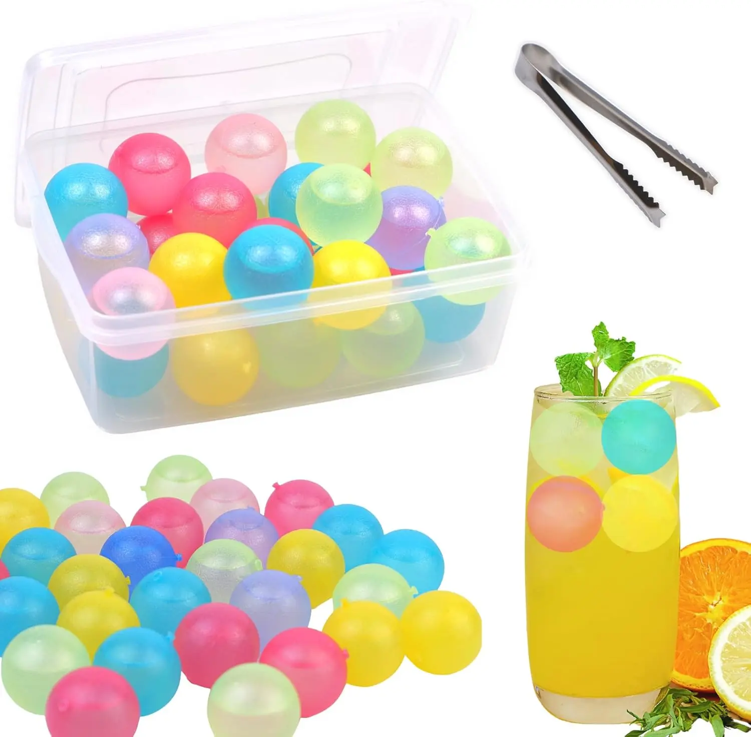 Halloween Fall Gift 24 Pack Reusable Ice Balls with Storage Bin & Lid – BPA Free Round Plastic Drink Chillers, Refreezable Cooling Cubes for Whiskey, Vodka, Coffee, Beer, Wine & Party Drinks for Kids and Adults