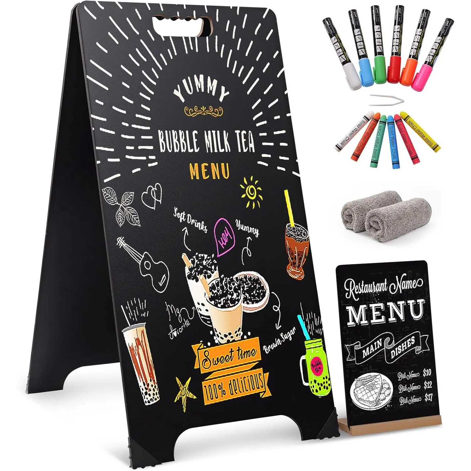 16x32 In Rustic A-Frame Writable Chalkboard Sign - Double-Sided Sandwich Board for Vendors, Durable Design Folding Outdoor Office Sign with 8x12 Bonus Small Chalkboard, 6 Liquid & Solid Chalk Markers, Easy to Store for Business Default Use, Vendor, 16X32