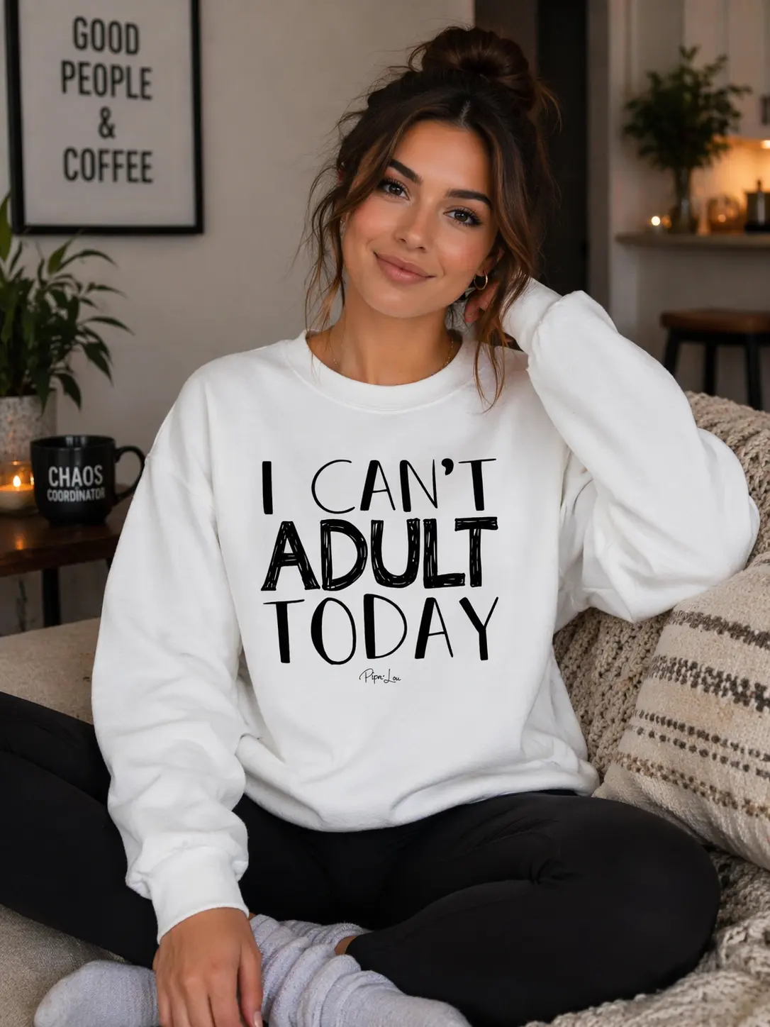 Women's "I Can't Adult Today" Graphic Crewneck Sweater - Soft Polyester-Spandex Yarn Fabric, Athletic Style Tops