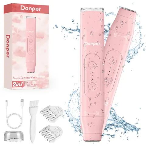 Donper Women's 2-in-1 Body Trim Rechargeable Trimmer - IPX7 Waterproof Bikini Shaver, Skin-Friendly Hypoallergenic Foil, Ceramic Blades, Precise Pain-Free Shave, Portable Travel-Size, Batteries Built-In for Underarms/Legs & Shower Use