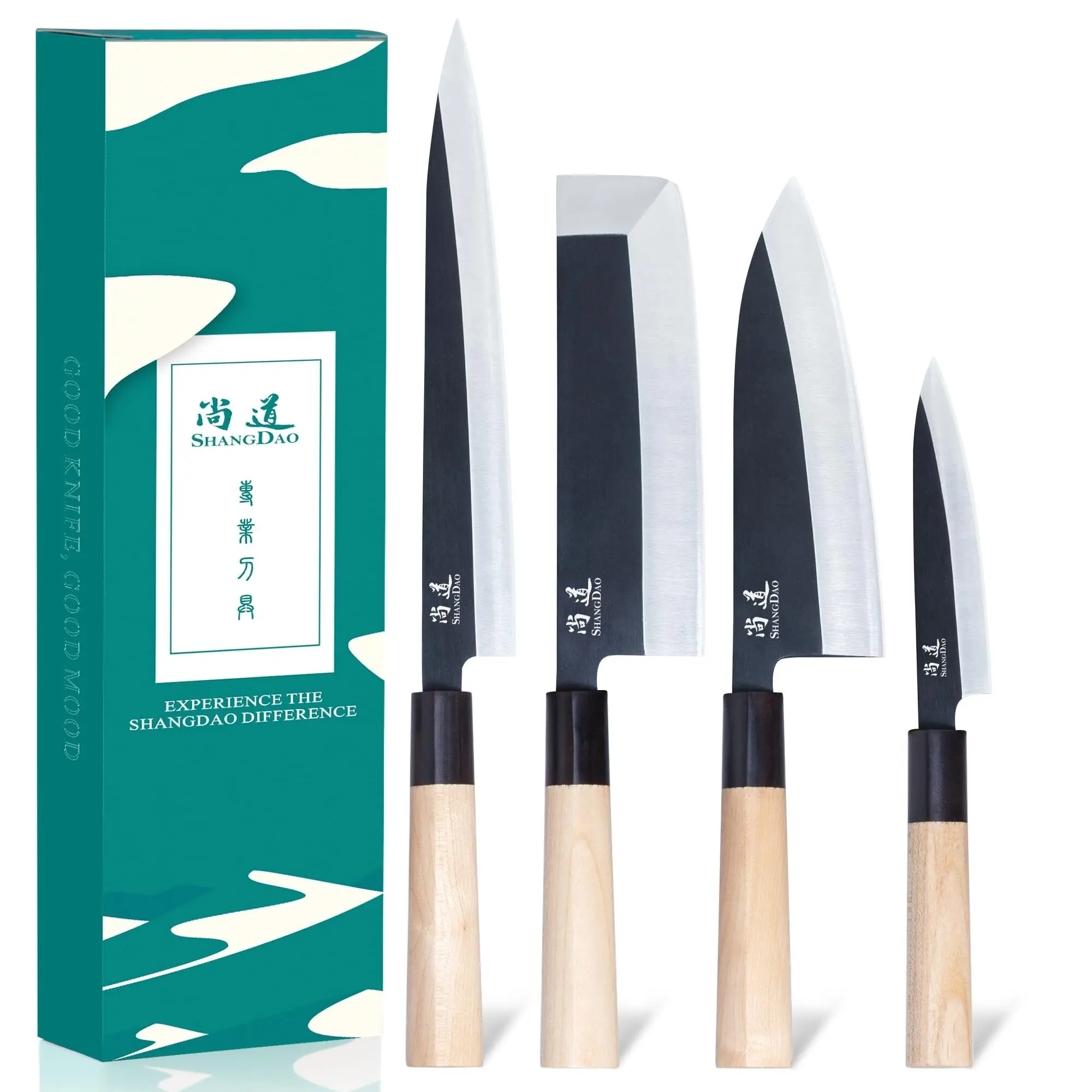 SHANGDAO Japanese Kitchen Chef Set Of 4 Knives Set Sushi Knife Set Nakiri-Yanagiba-Deba-Utility Kitchen KnifeFish Slicing Filleting Knife Sets German Steel