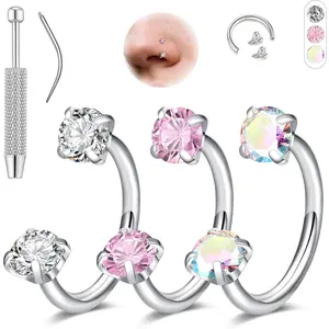 18G Horseshoe Nose Rings for Women, 6-8mm Horseshoe Piercing Jewelry Set Gold & Silver, Double Gem Horse Shoe Nose Rings Hoops Surgical Steel Cartilage Helix Tragus Earring Labret Lip With Tool