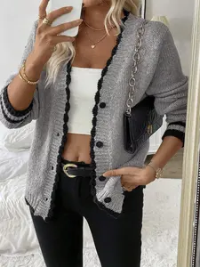Women's Contrast Binding Button Front Vneck Knitting Cardigan, Casual Long Sleeve Knitwear for Fall & Winter, Women's Knit Clothing for Daily Wear