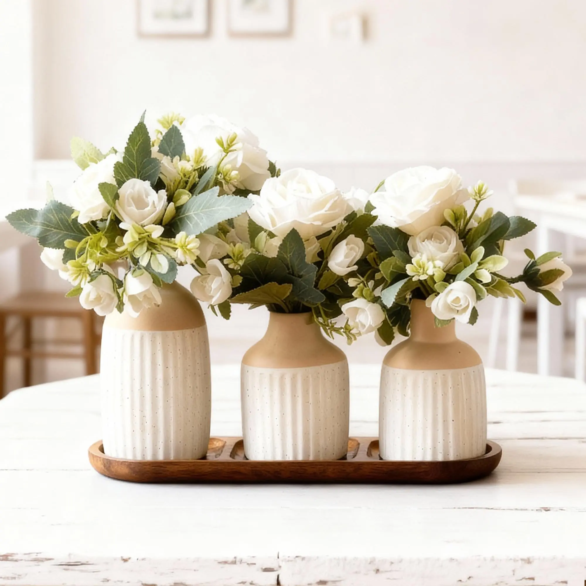 Set of 3 Artificial Flowers in Ceramic Vases with Wood Tray - Modern Minimalist Nordic Boho Farmhouse Dining Table Centerpiece Decor for Kitchen Island, Living Room Coffee Table,Tabletop(Beige White)